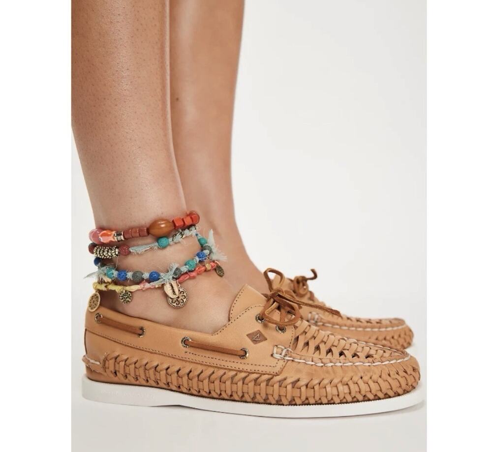Sperry Tan Woven Leather Moccasin-Style Lace-Up Flats